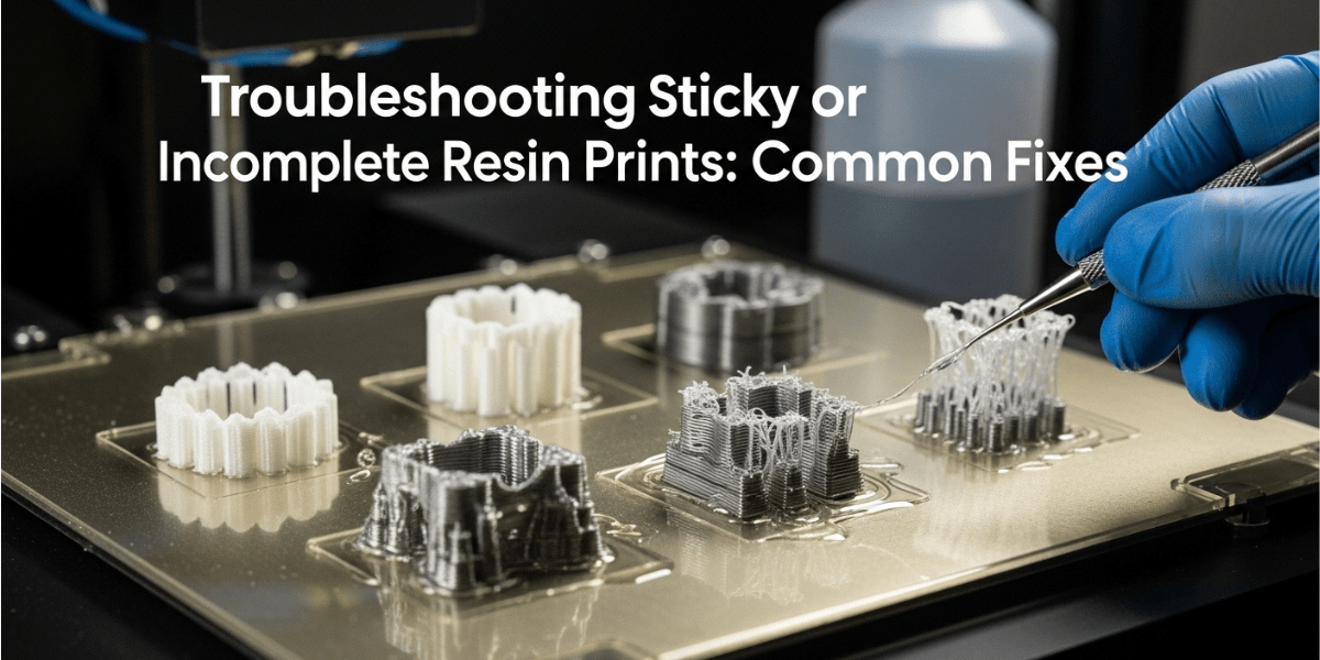 Image showing common fixes for troubleshooting sticky or incomplete resin prints in 3D printing.